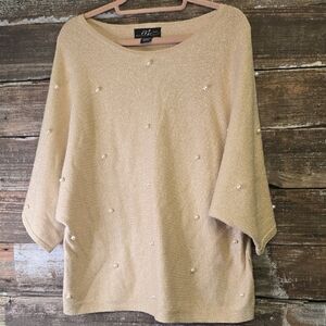 Midnight Velvet Pearl-Studded Tan Sweater, Size 1X